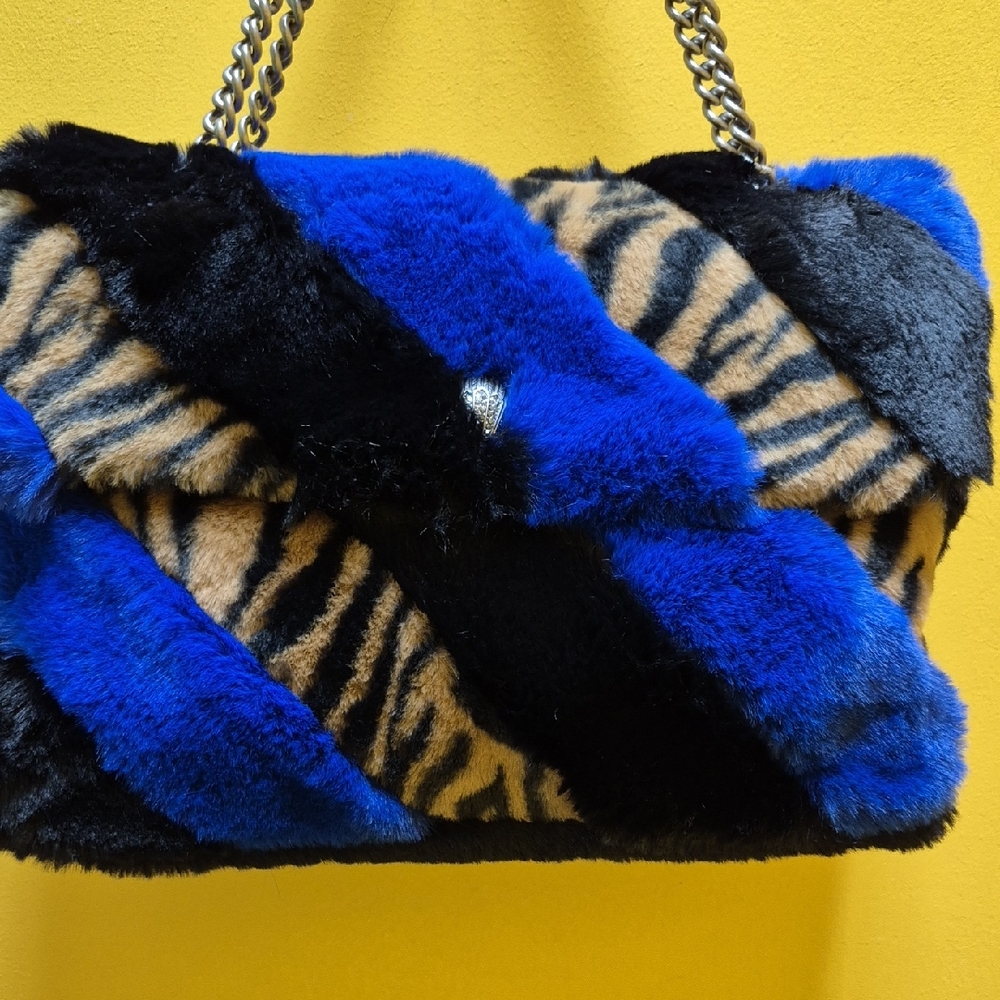 Kurt Geiger Blue and Black Faux Fur Shoulder Bag